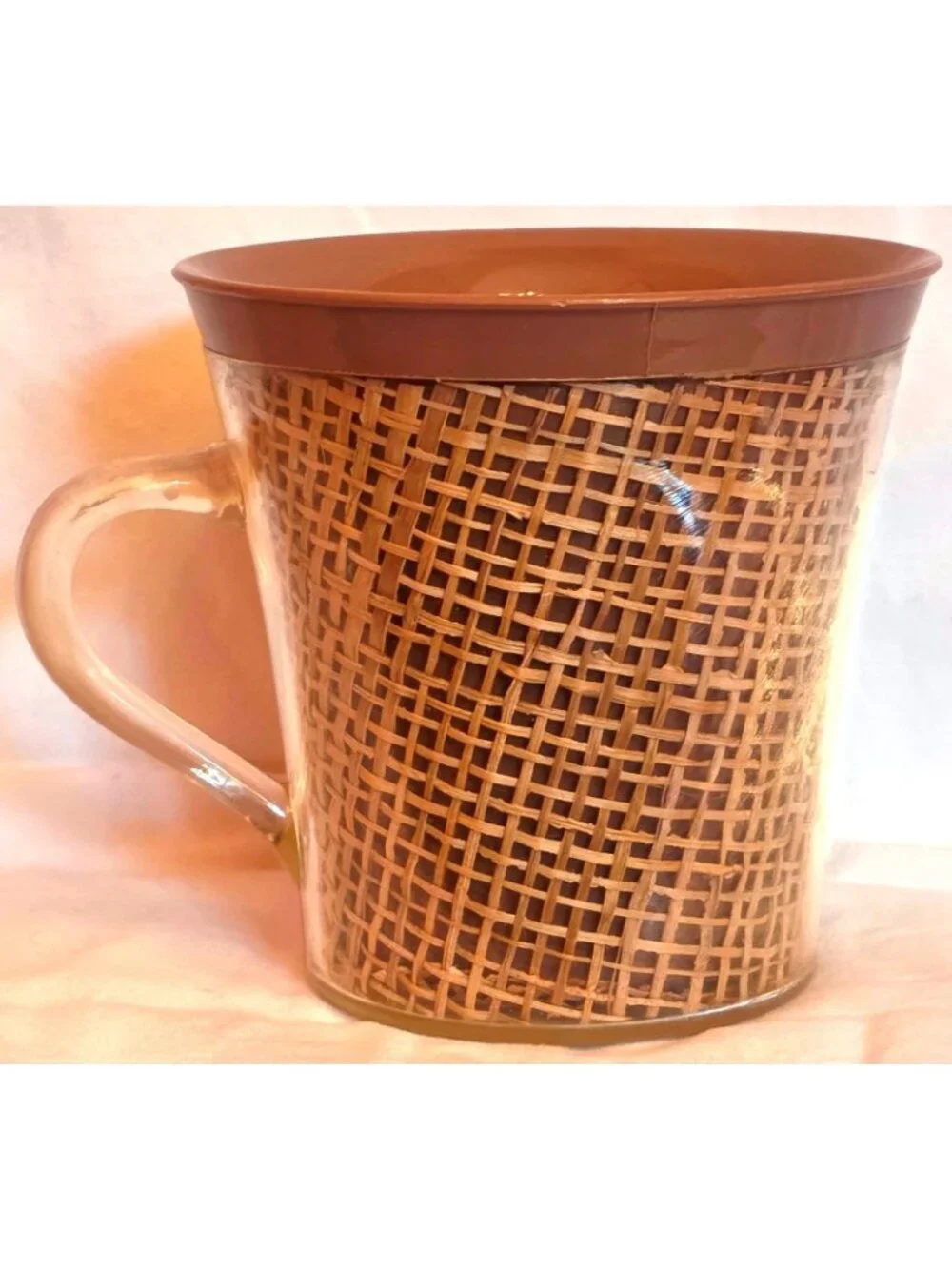 Raffia Ware 7 flared Coffee Cups burlap woven straw pastel mugs Vintage MCM tiki